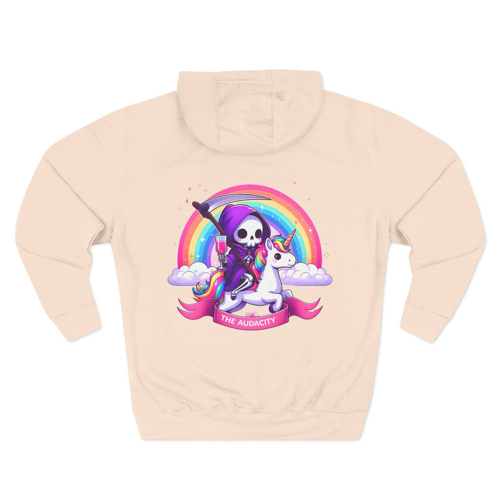 Hoodie - Cute Grim Reaper Riding Unicorn Rainbow "The Audacity" Fleece Hoodie