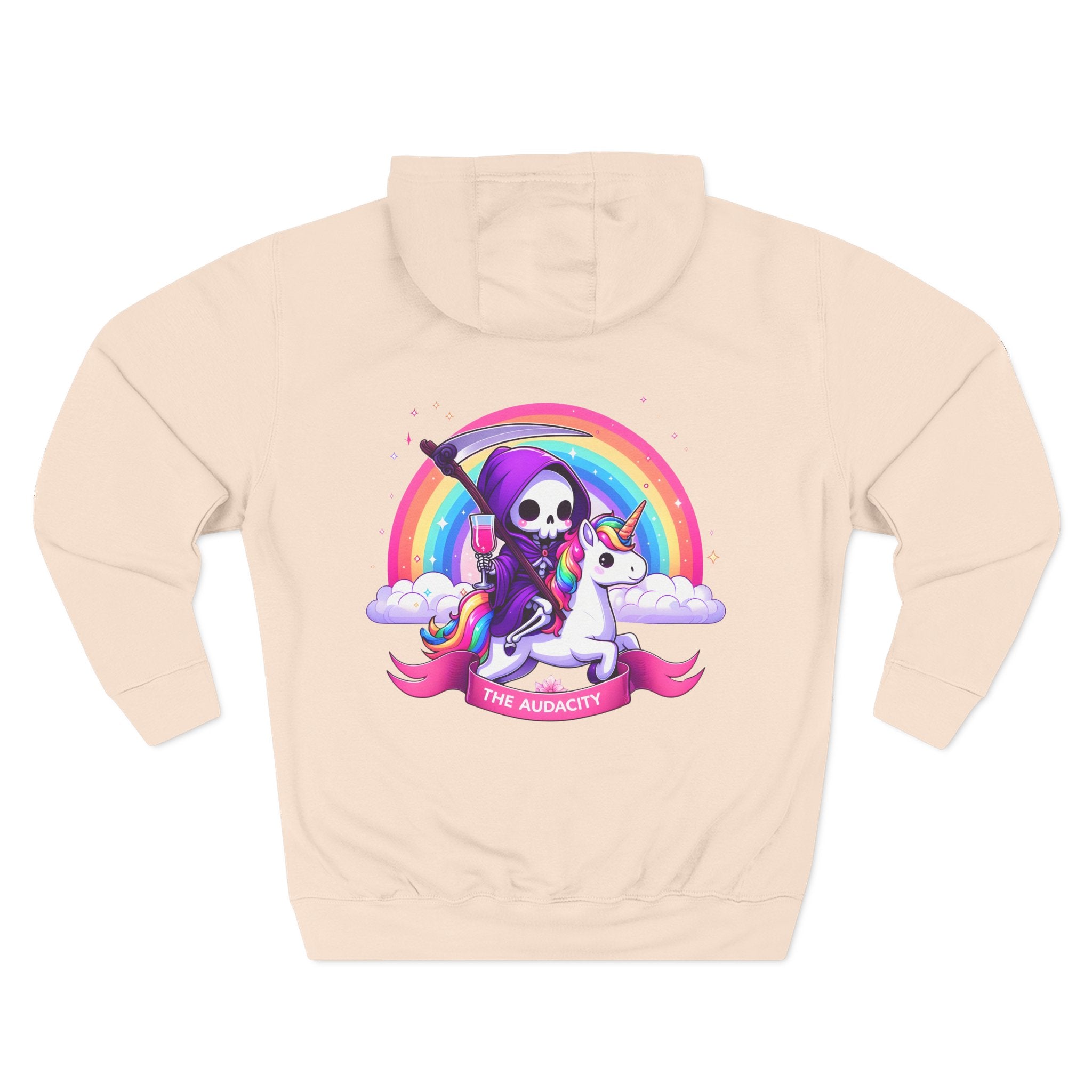 Hoodie - Cute Grim Reaper Riding Unicorn Rainbow "The Audacity" Fleece Hoodie