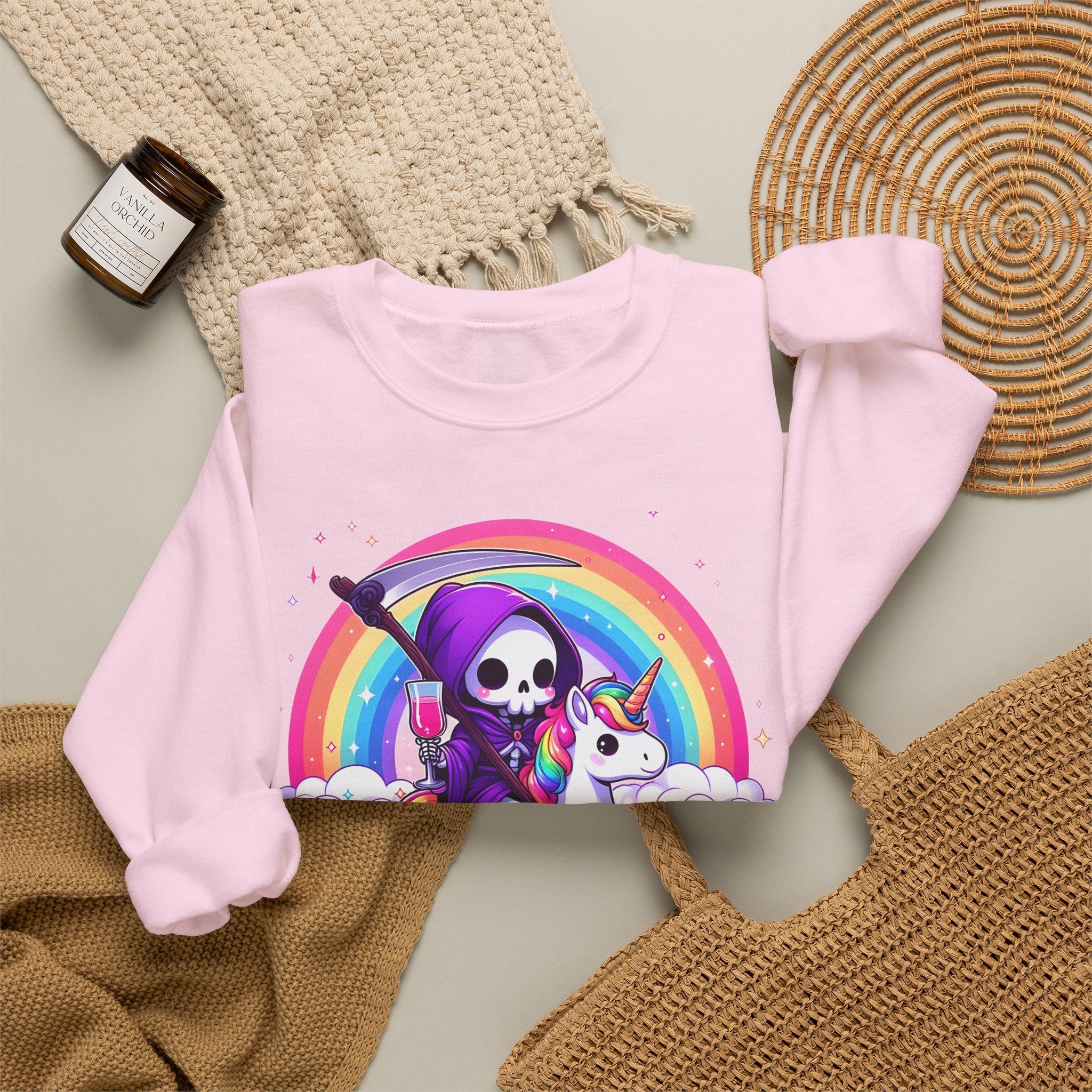Crewneck Sweatshirt — Cute Grim Reaper Riding Unicorn Rainbow "True Audacity"