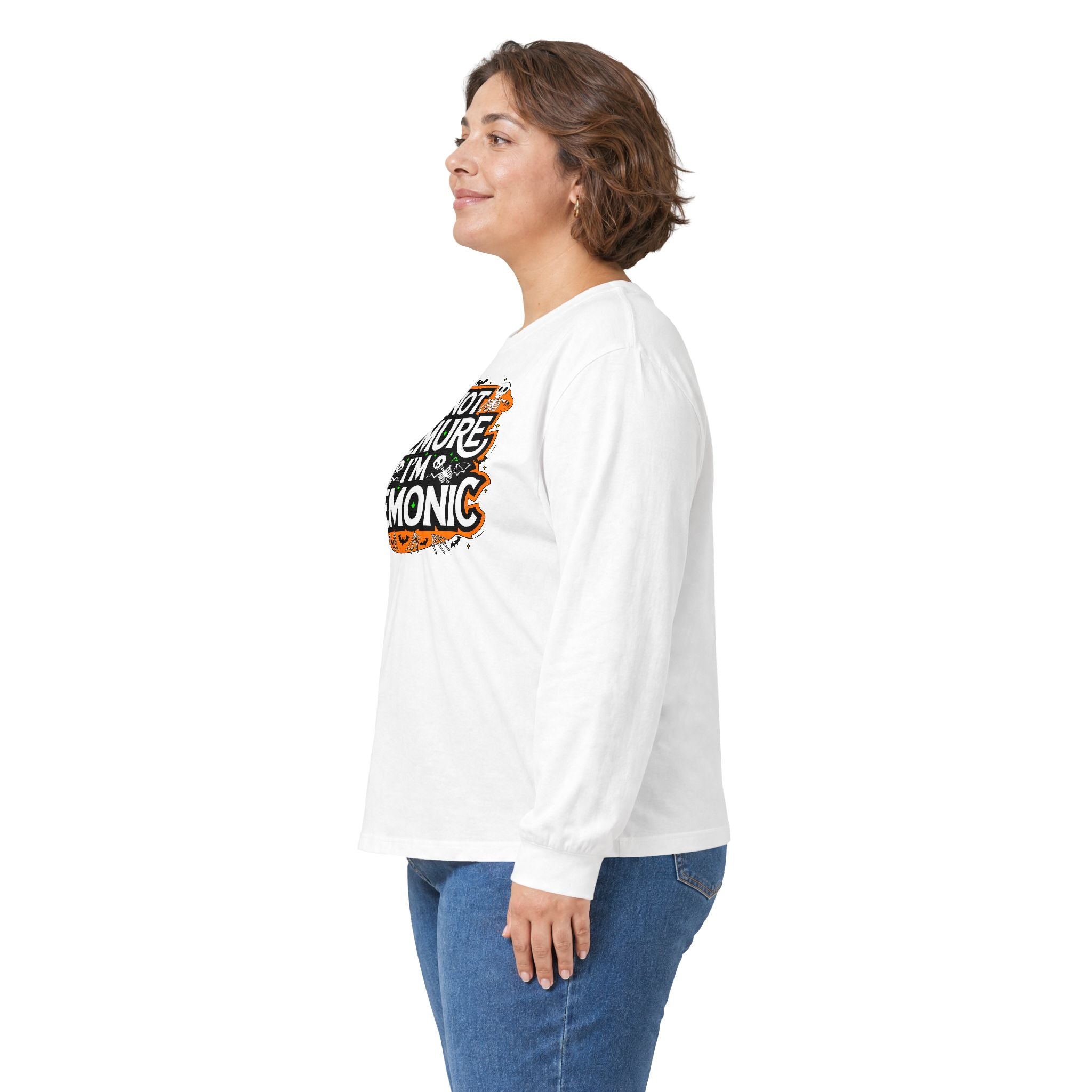 Long Sleeve Tee — "I'm Not Demure I'm Demonic" Halloween Graphic