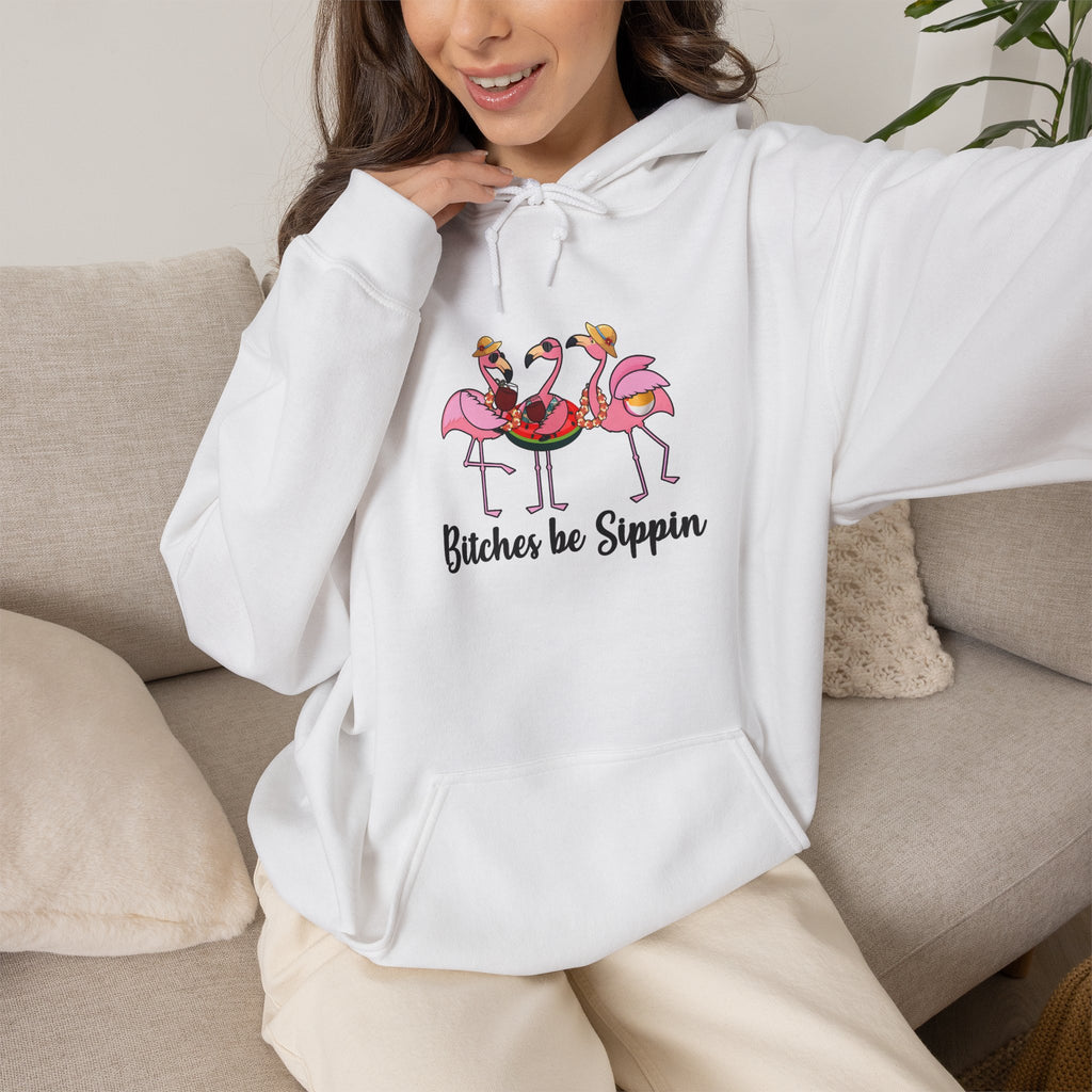 Flamingo 'Bitches Be Sippin' Hoodie – Funny Tropical Ladies Wine Graphic Sweatshirt