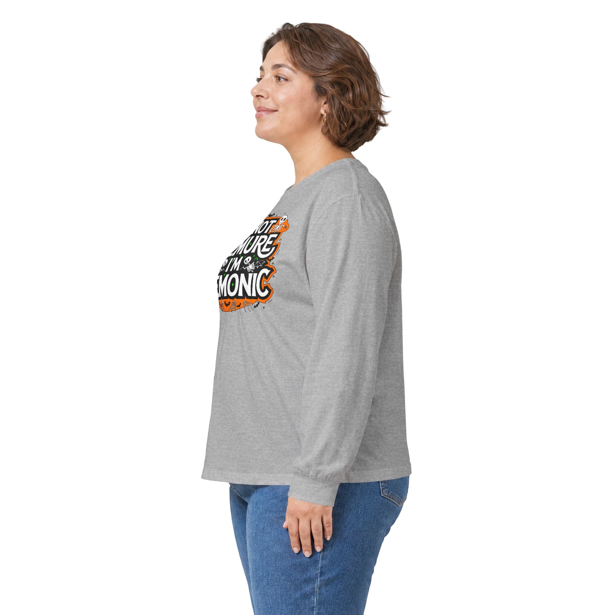 Long Sleeve Tee — "I'm Not Demure I'm Demonic" Halloween Graphic