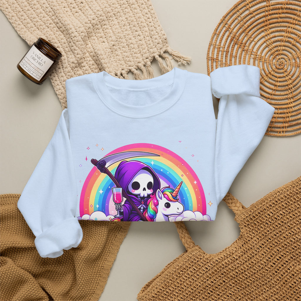 Crewneck Sweatshirt — Cute Grim Reaper Riding Unicorn Rainbow "True Audacity"