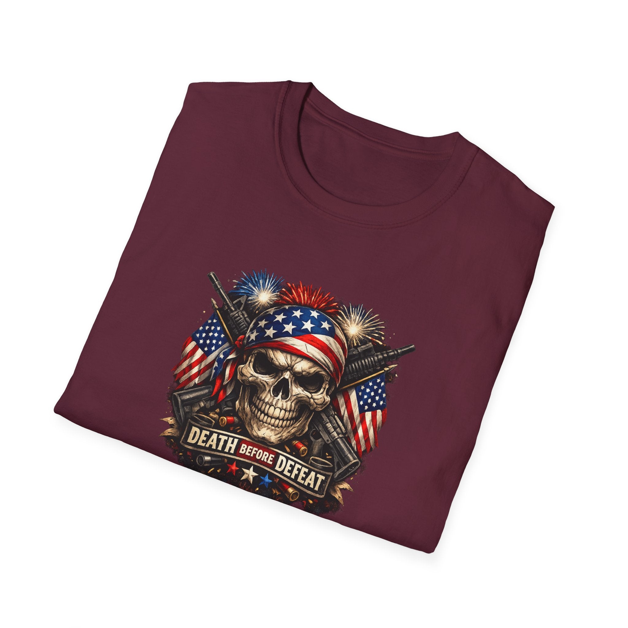 Patriotic Skull Tee "Death Before Defeat" - American Flag Military Graphic T-Shirt