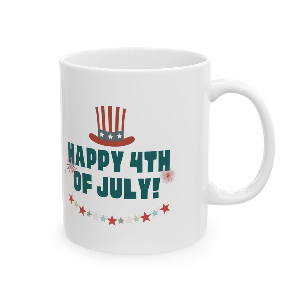 4th of July Ceramic Mug – "Happy 4th of July!" Patriotic Stars & Fireworks Coffee Cup (11oz/15oz)