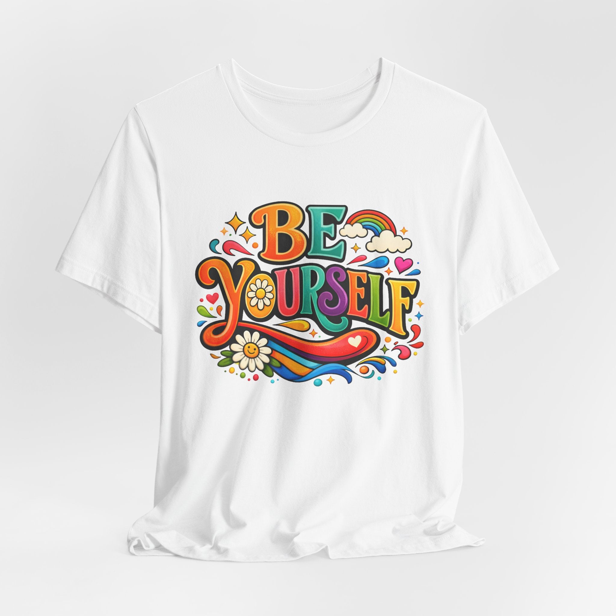 Be Yourself Retro Graphic Tee – Positive Rainbow Floral T‑Shirt