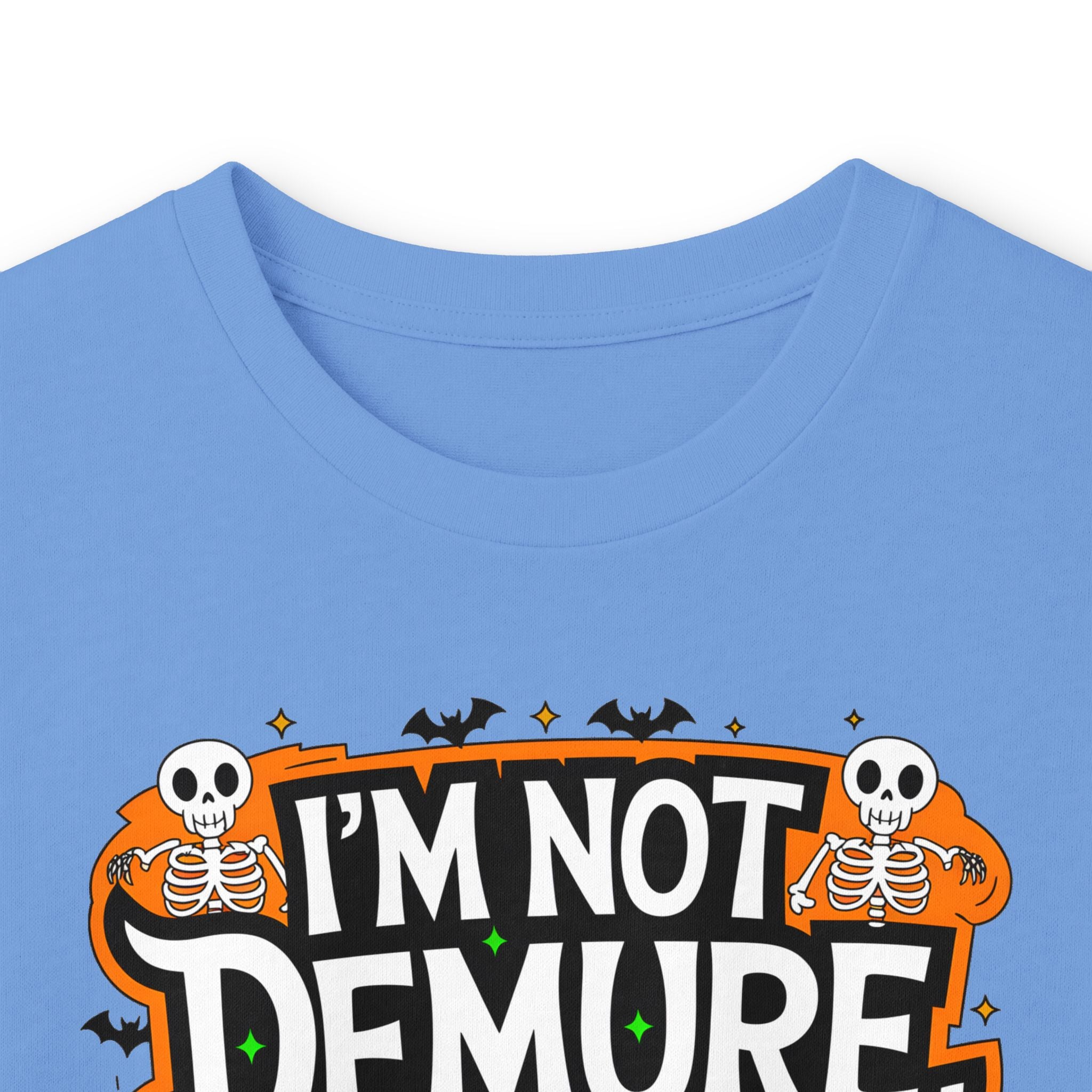 Long Sleeve Tee — "I'm Not Demure I'm Demonic" Halloween Graphic