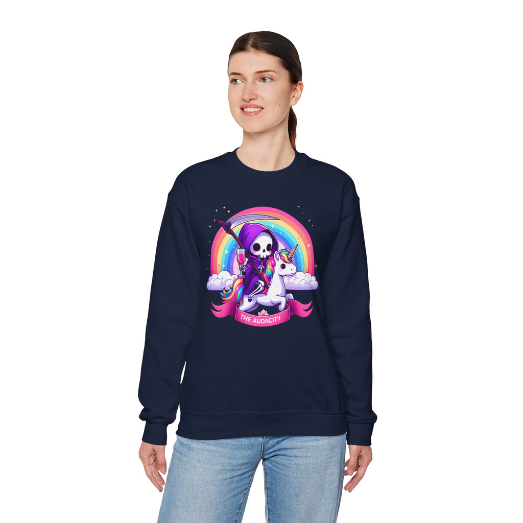 Crewneck Sweatshirt — Cute Grim Reaper Riding Unicorn Rainbow "True Audacity"