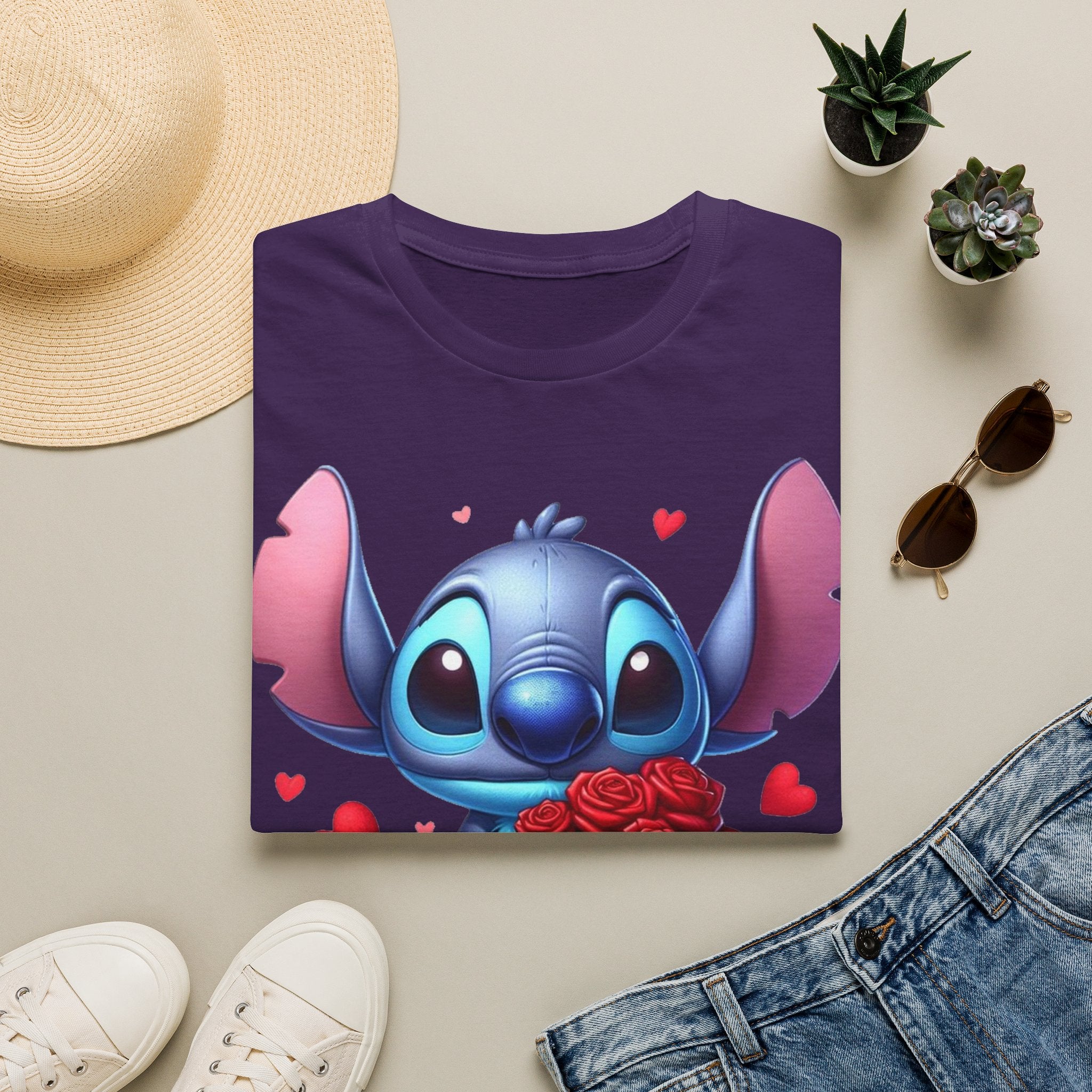 Stitch Holding Roses T-Shirt — Cute Valentine’s Day Cartoon Tee
