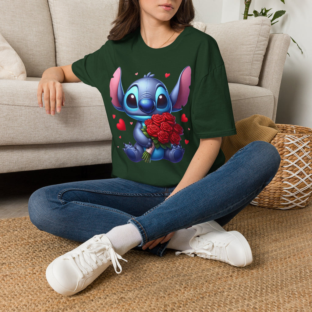 Stitch Holding Roses T-Shirt — Cute Valentine’s Day Cartoon Tee