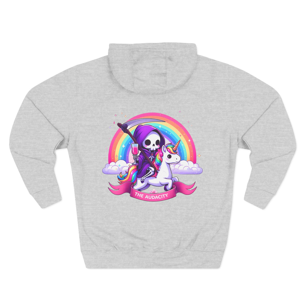 Hoodie - Cute Grim Reaper Riding Unicorn Rainbow "The Audacity" Fleece Hoodie