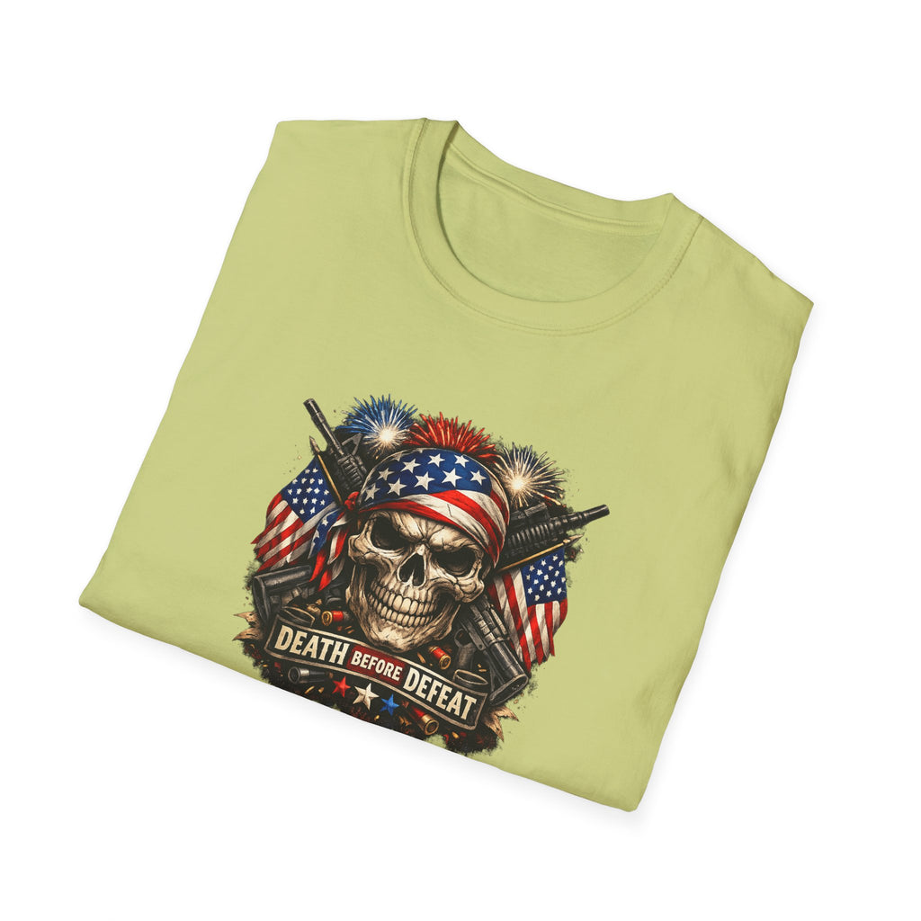 Patriotic Skull Tee "Death Before Defeat" - American Flag Military Graphic T-Shirt