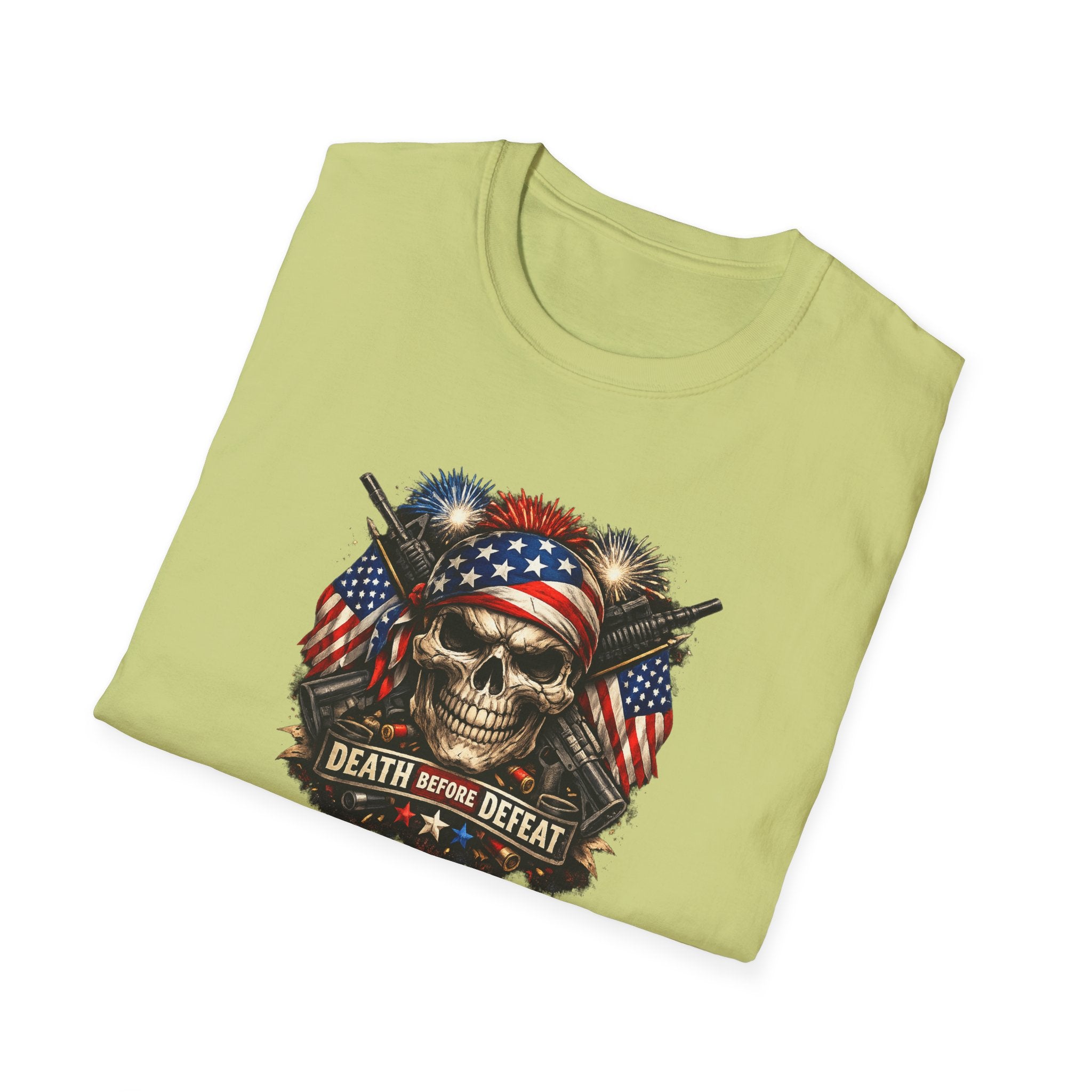 Patriotic Skull Tee "Death Before Defeat" - American Flag Military Graphic T-Shirt